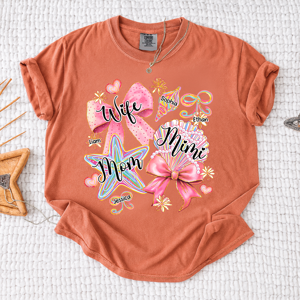 Comfort Colors Personalized Wife Mom Mimi Beach Shirt with Grandkids Names, Custom Grandma Coastal T Shirt for Women, Summer Family Vacation Gift