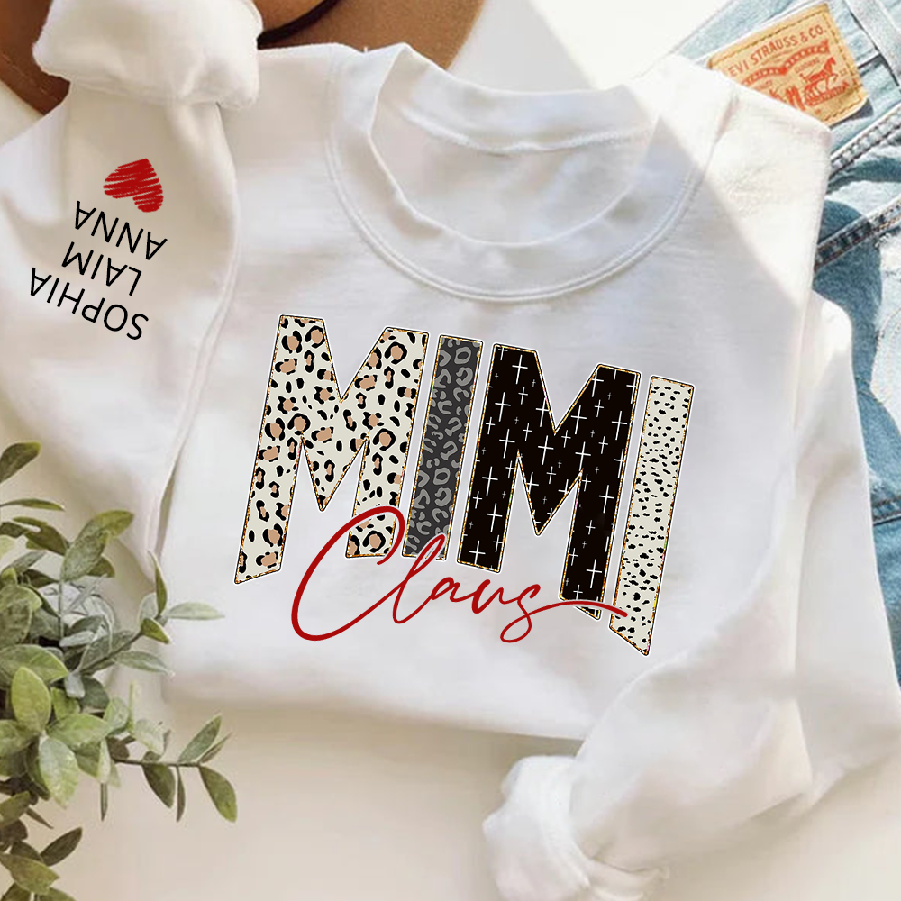 Personalized Mimi Claus Leopard Sweatshirt – Custom Bible Style Design, Unique Gift for Grandma and Her Grandkids