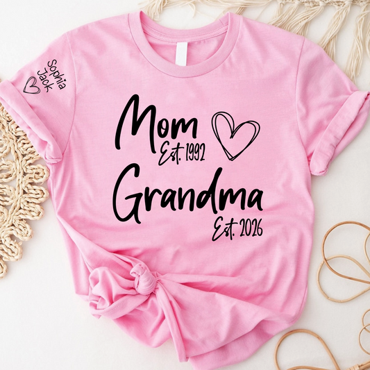 Personalized Mom Grandma Shirt, Est Year Minimal Family Design, With Grandma And Kids Names