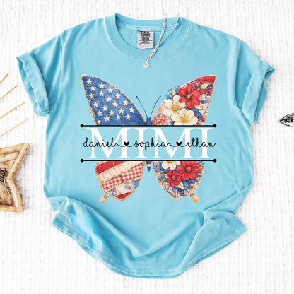 Comfort Personalized Mimi Shirt with Grandkids Names, American Flag and Flower Butterfly Design