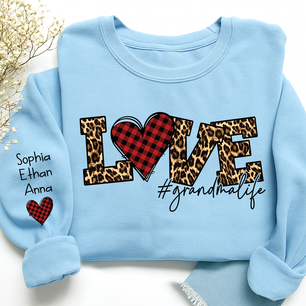 Grandma Sweatshirt Personalized with Names, Love Leopard Print Heart, Cozy Family Crewneck for Grandma