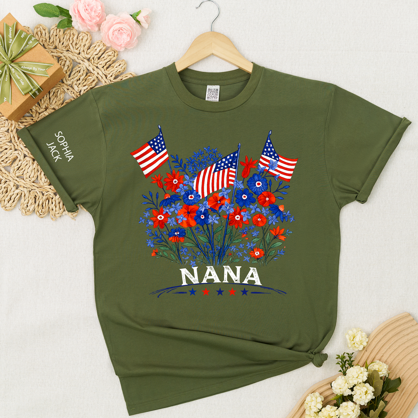 Personalized Nana Shirt Patriotic Floral American Flag Design Custom Grandma Mimi Gigi Name Tee with Grandkids Names Family 4th of July Outfit