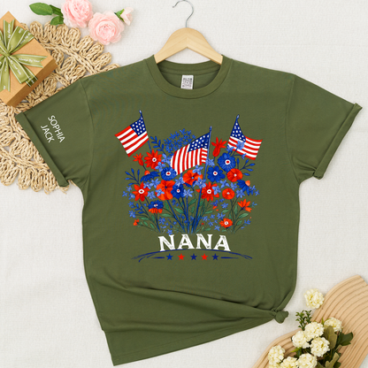 Personalized Nana Shirt Patriotic Floral American Flag Design Custom Grandma Mimi Gigi Name Tee with Grandkids Names Family 4th of July Outfit