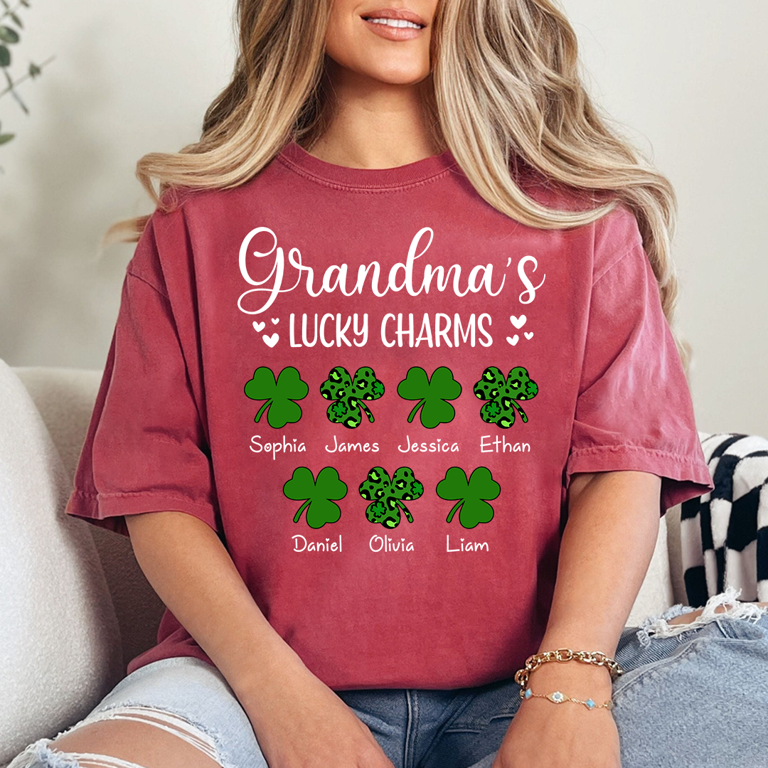 Grandma’s Lucky Charms Shirt, Personalized Grandma T Shirt with Grandkids Names, St Patrick’s Day Shamrock Family Tee for Grandma