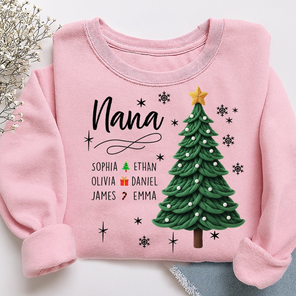 Nana Christmas Sweatshirt with Grandkids’ Names, Cute Tree Holiday Gift