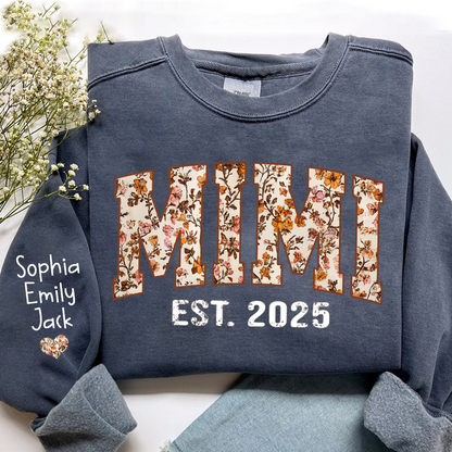 Personalized Fall Grandma, Fall Floral Sweatshirt with Name on Sleeve, Grandma Gift
