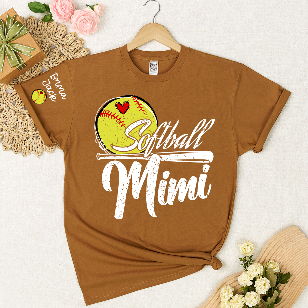 Personalized Mimi Softball Shirt, Heart and Bat Design with Custom Grandkids Names