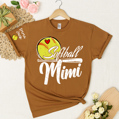 Personalized Mimi Softball Shirt, Heart and Bat Design with Custom Grandkids Names