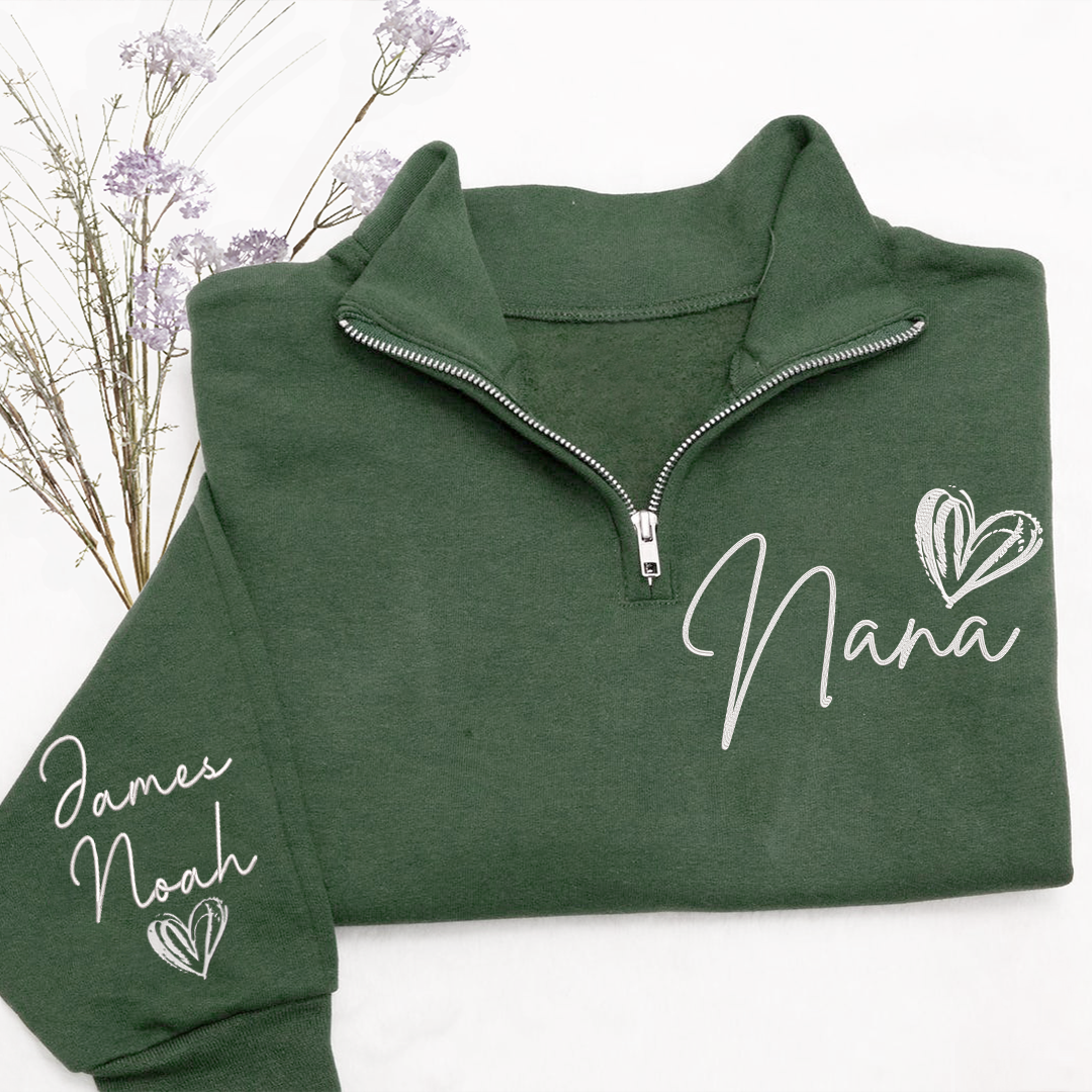 Personalized  Nana Heart Sweatshirt, For Gift Grandma And Kids Embroidered Quarter Zip Sweater