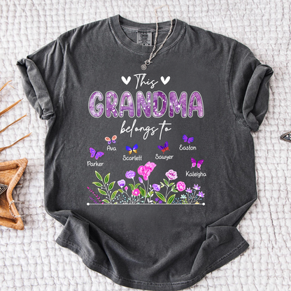 Comfort Colors® This Grandma Belongs To Tee, Custom Grandma Shirt with Grandkids Names, Floral Garden Theme, Meaningful Family Apparel