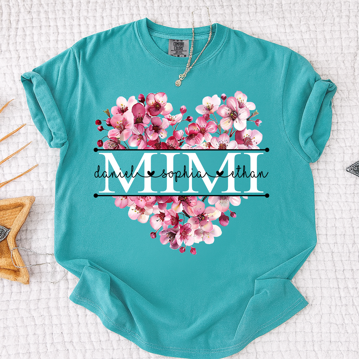 Comfort Mimi Floral Heart Shirt, Custom Family Names Pink Flower Design T Shirt