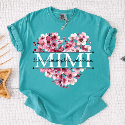 Comfort Mimi Floral Heart Shirt, Custom Family Names Pink Flower Design T Shirt