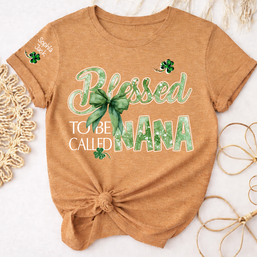 Personalized Nana T-shirt, Blessed to Be Called Nana Patrick's Day Green Clover Bow Design Gift for Grandma