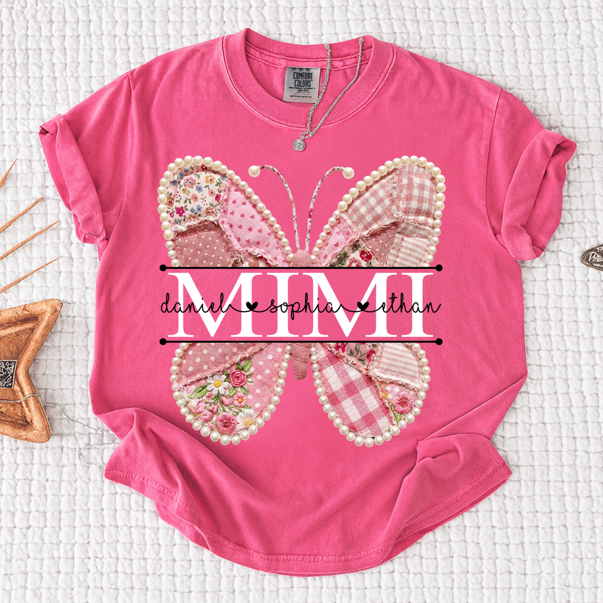 Comfort Personalized Mimi Shirt with Grandkids Names, Pink Butterfly Patchwork Design Family Tee