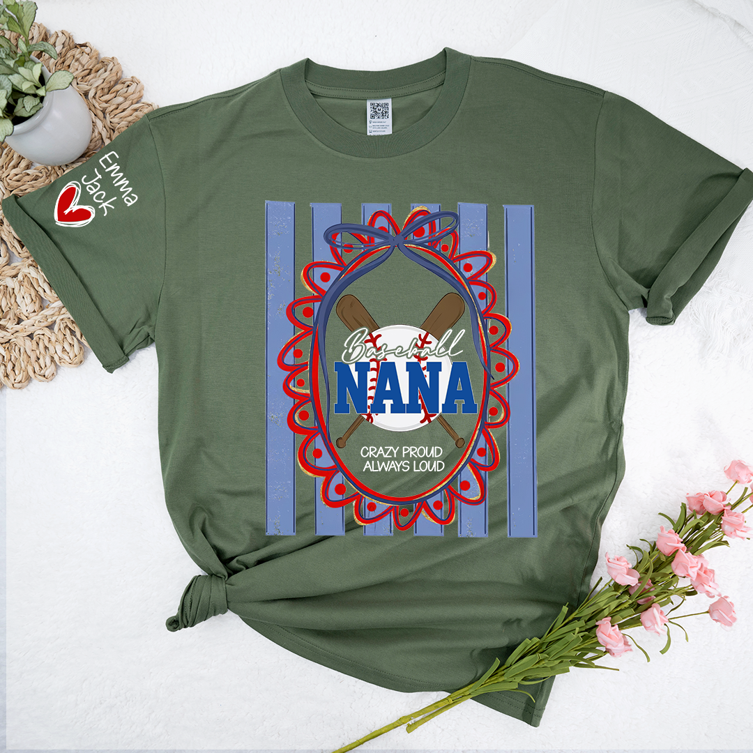 Custom Baseball Coquette Nana Shirt for Game Day, Personalized Kids Names Sports Grandma Tee