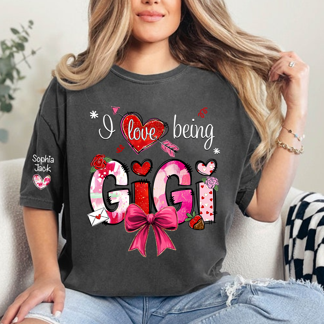 Personalized I Love Being A Nana Valentine's Day T-shirt Cute bows And Strawberries, Gifts for Grandma And Children