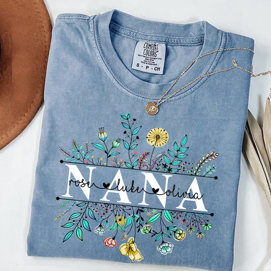 Comfort Colors® Wildflower Grandma Color T-Shirt, Custom Grandma With Grandkids Shirt
