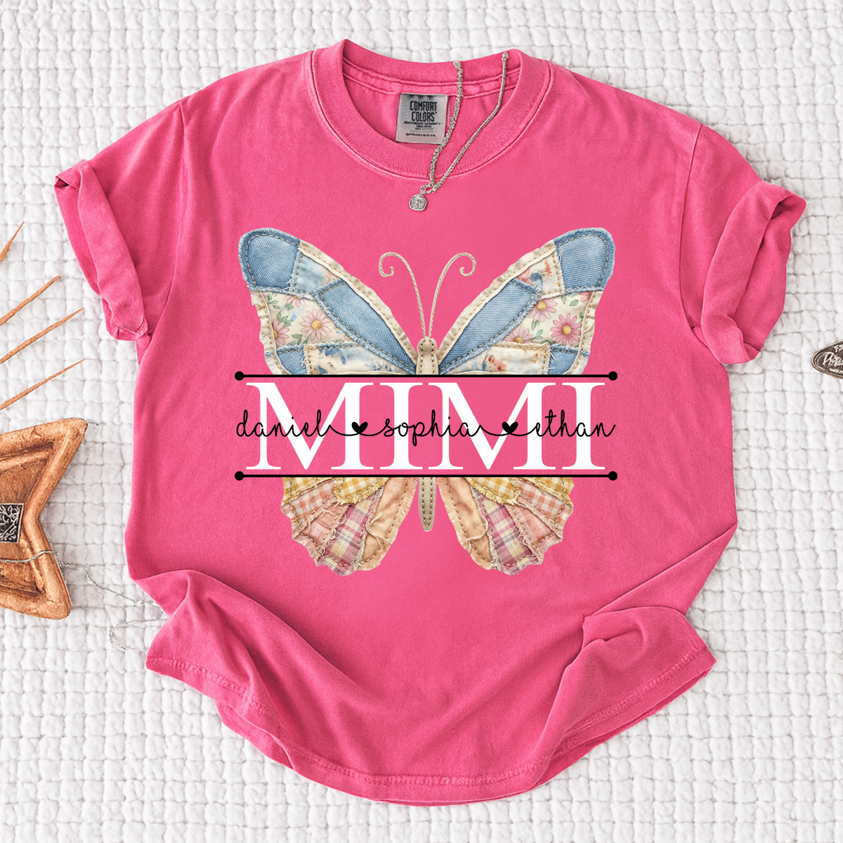 Comfort Mimi Patchwork Butterfly Shirt, Custom Grandkids Names with Floral Family Design Tee