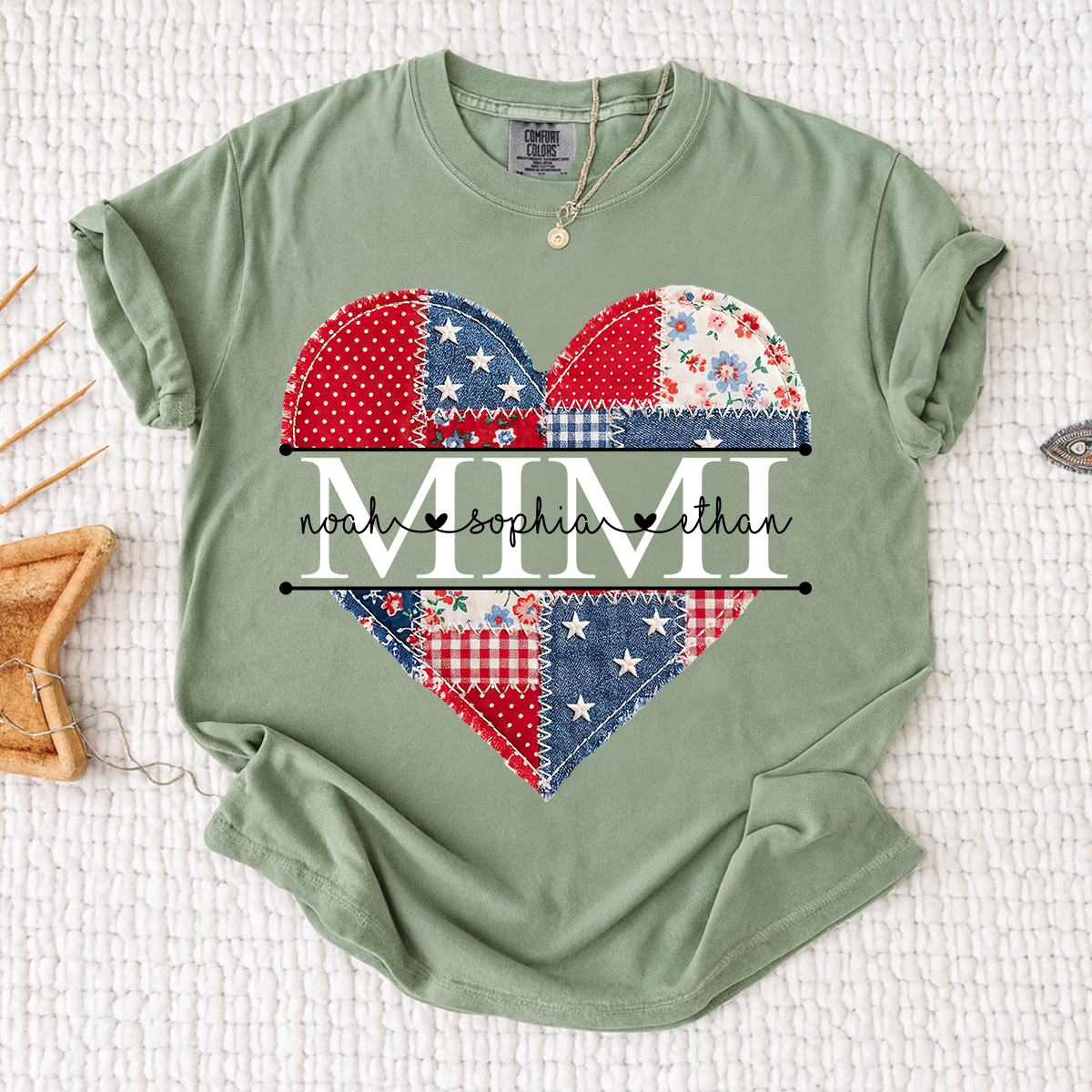 Comfort Colors Personalized Mimi Shirt with Grandkids Names, Patriotic Heart Patchwork Design