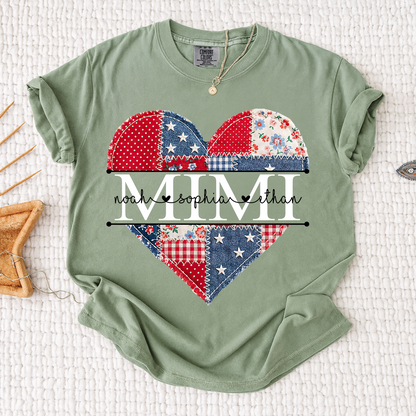 Comfort Colors Personalized Mimi Shirt with Grandkids Names, Patriotic Heart Patchwork Design