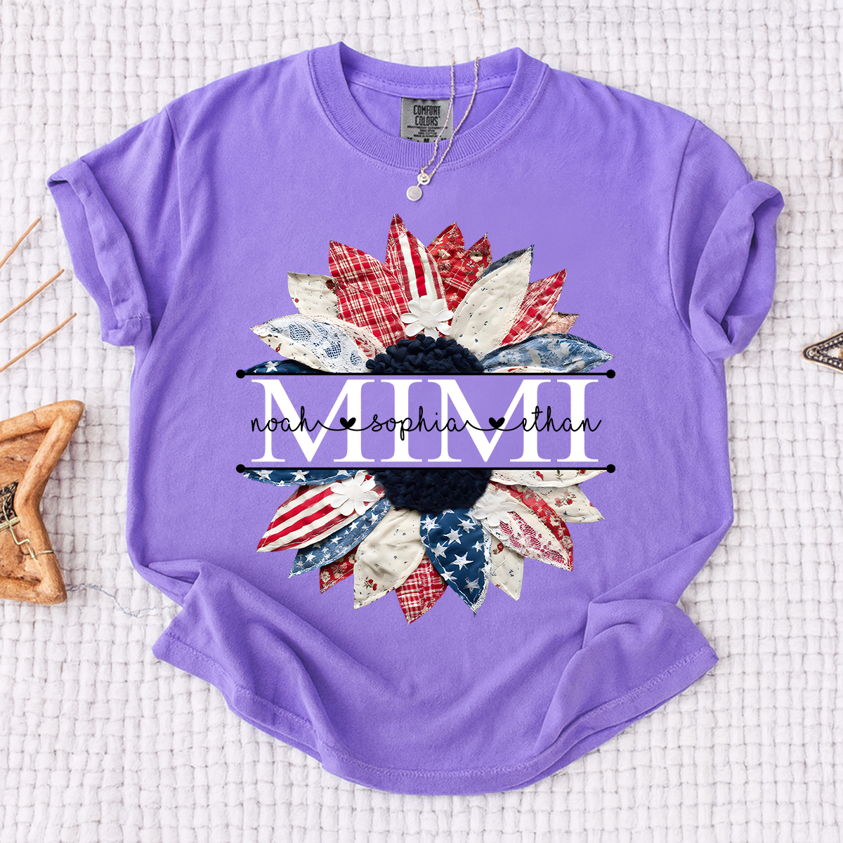 Comfort Colors Mimi Patchwork Floral Shirt with Custom Grandkids Names, Personalized Family Tee