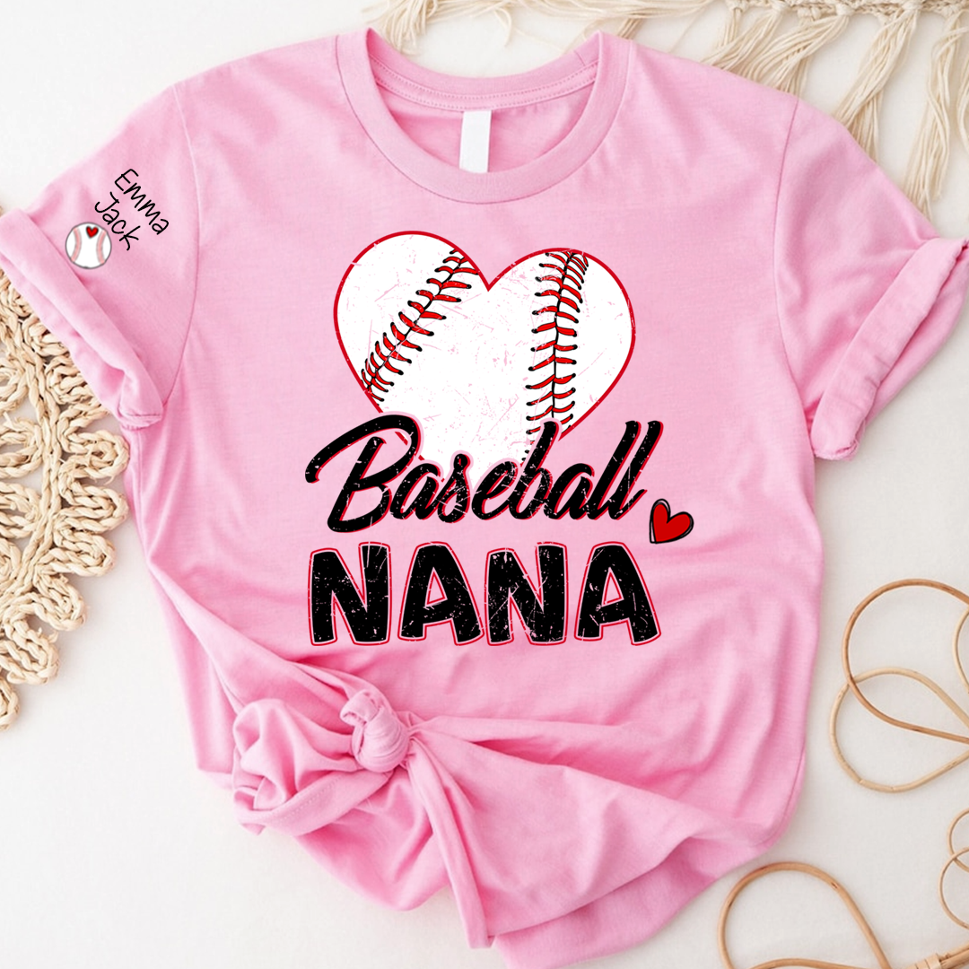Baseball Nana T-Shirt With Custom Grandkids Names, Heart Graphic Design For Gift Gradma And Kids