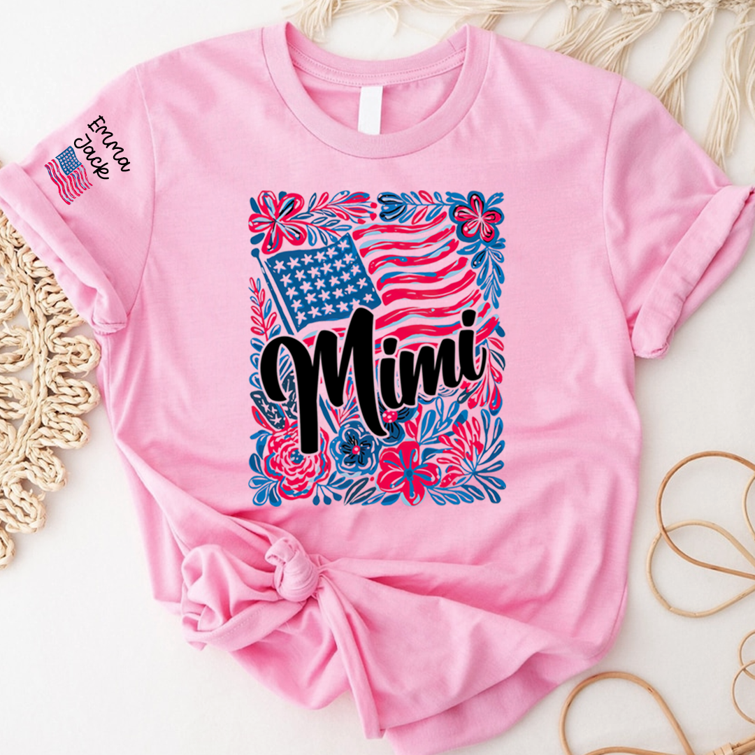 Mimi American Flag Floral Shirt, Custom Grandkids Names Family T Shirt