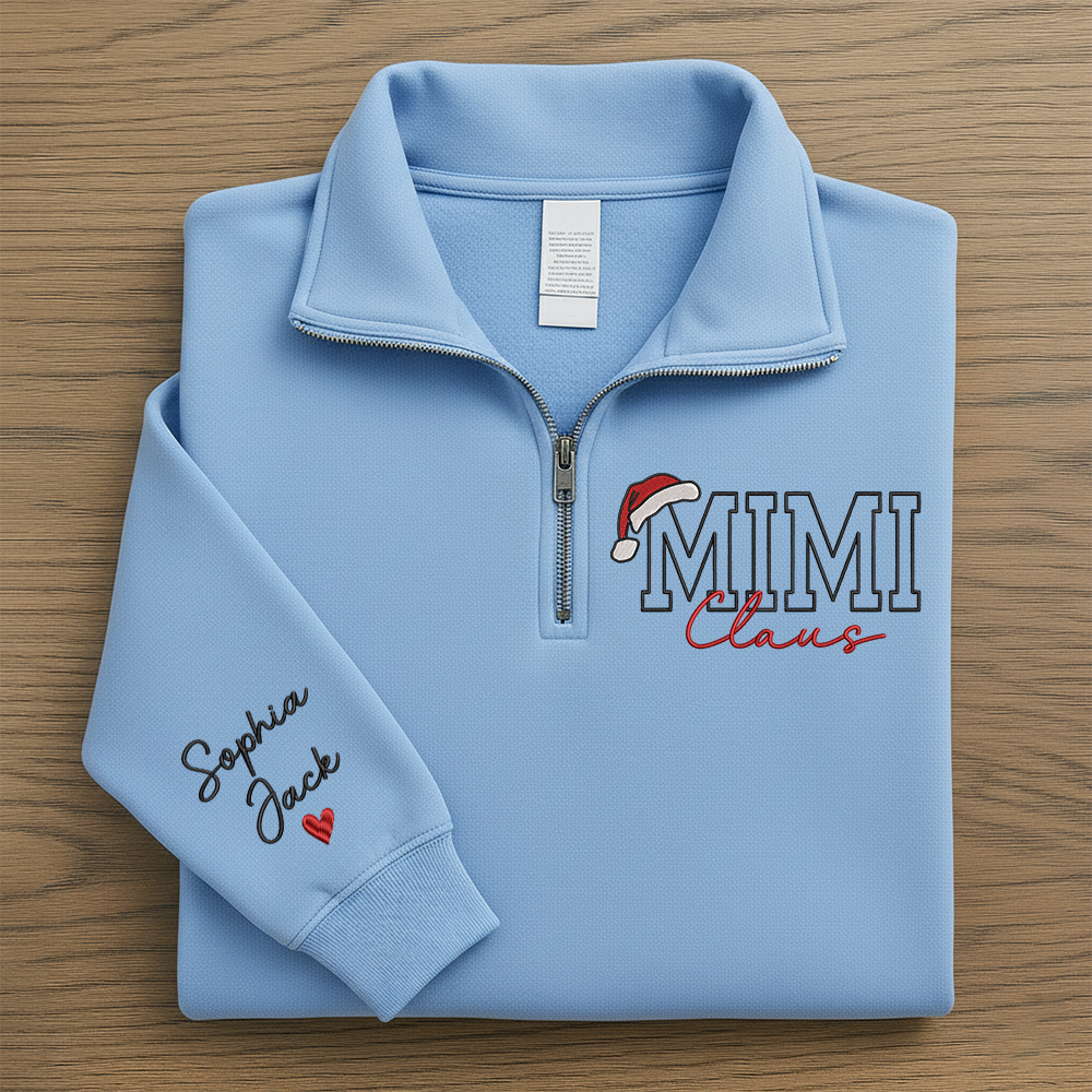 Personalized Christmas Mimi Claus Zip Sweatshirt – Custom Grandma Embroidered Gift With Kids Names On Sleeve