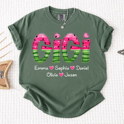 Comfort Colors Custom Gigi Grandma Shirt, Personalized Kids Names Watermelon Graphic Tee, Cute Summer Gift for Nana Mimi Grammy