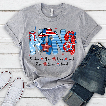 Custom Nana 4th July Independence Day American Flag T-Shirt For Grandma, Personalized Gift For Grandma And Kids