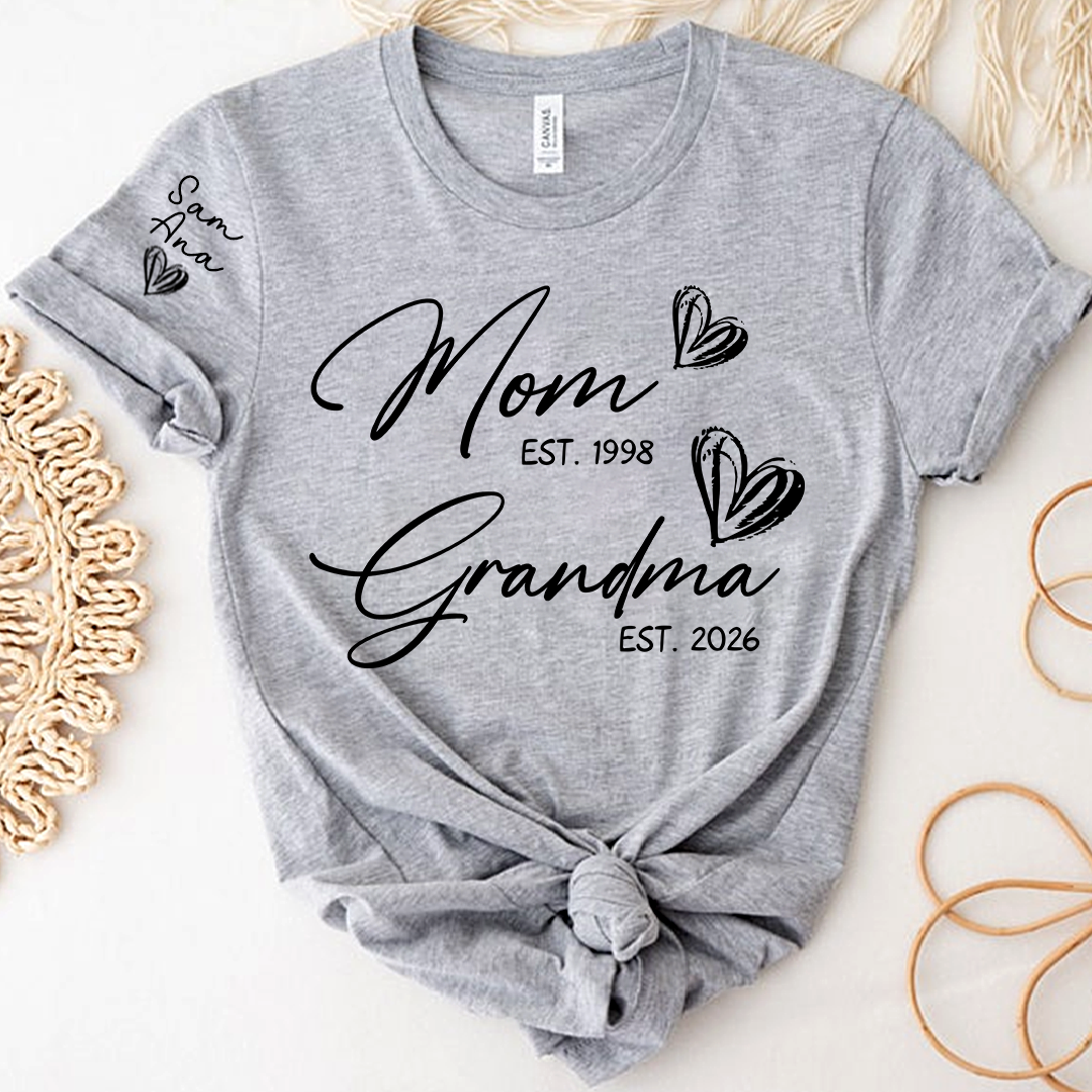 Custom EST Year Mom and Grandma T-Shirt, Personalized Family T-Shirt with Heart Design for Mom & Grandma
