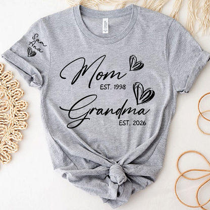 Custom EST Year Mom and Grandma T-Shirt, Personalized Family T-Shirt with Heart Design for Mom & Grandma