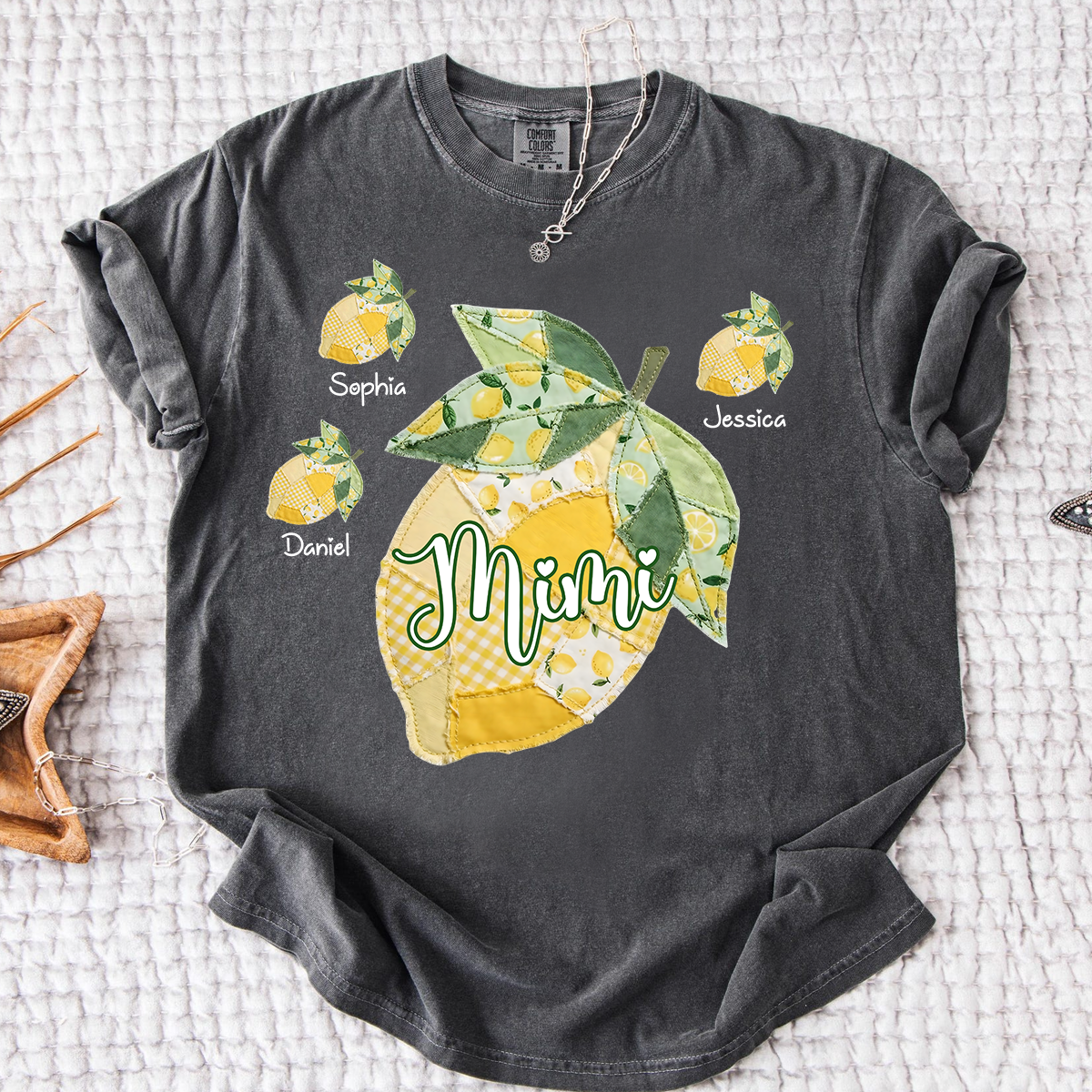 Comfort Colors Personalized Mimi Lemon Shirt with Grandkids Names, Custom Grandma Lemon Patchwork T Shirt for Women, Summer Family Gift