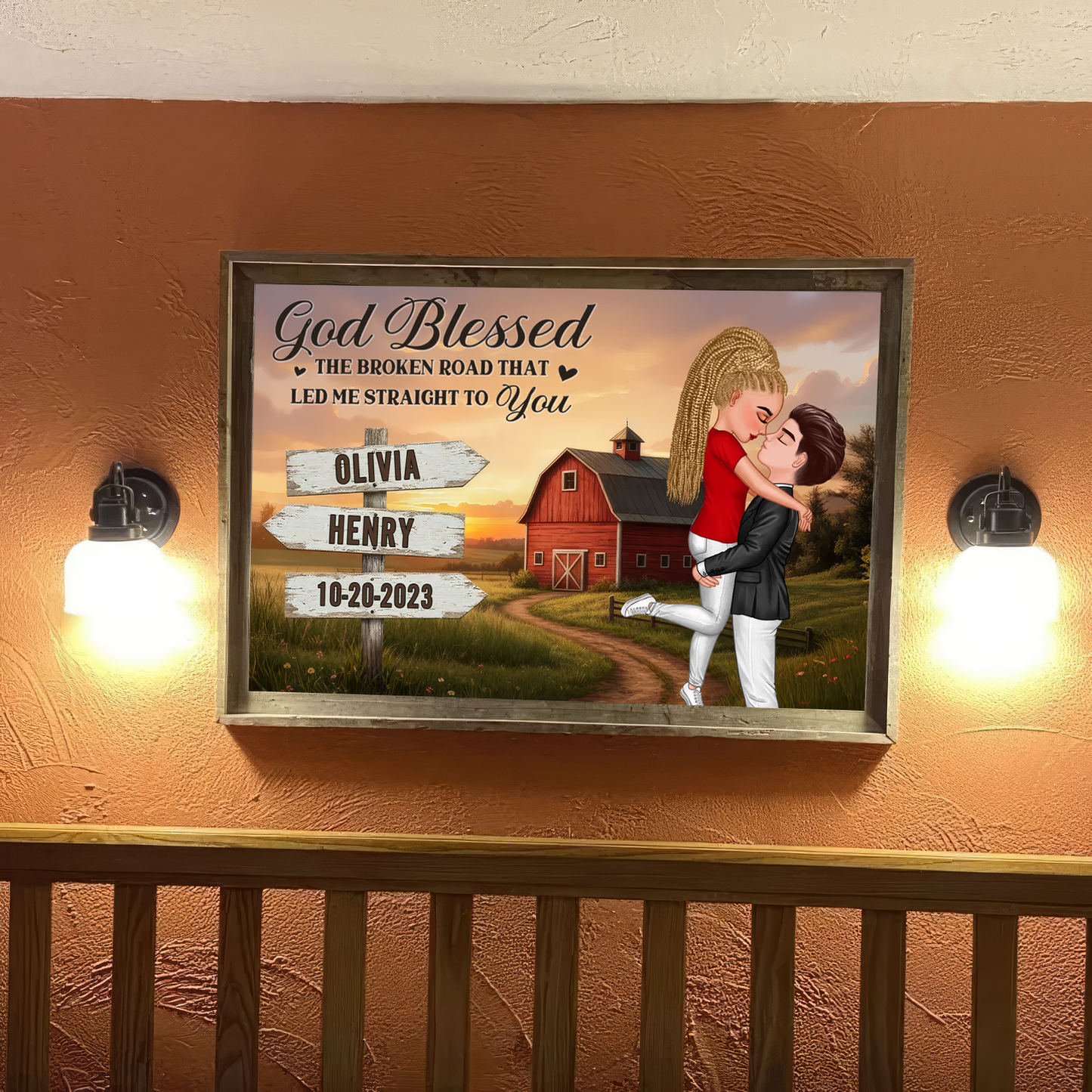Custom Rustic Red Barn Couple Hugging Kissing, Nostalgia Poster Farmhouse Decor, Valentine Anniversary Gift