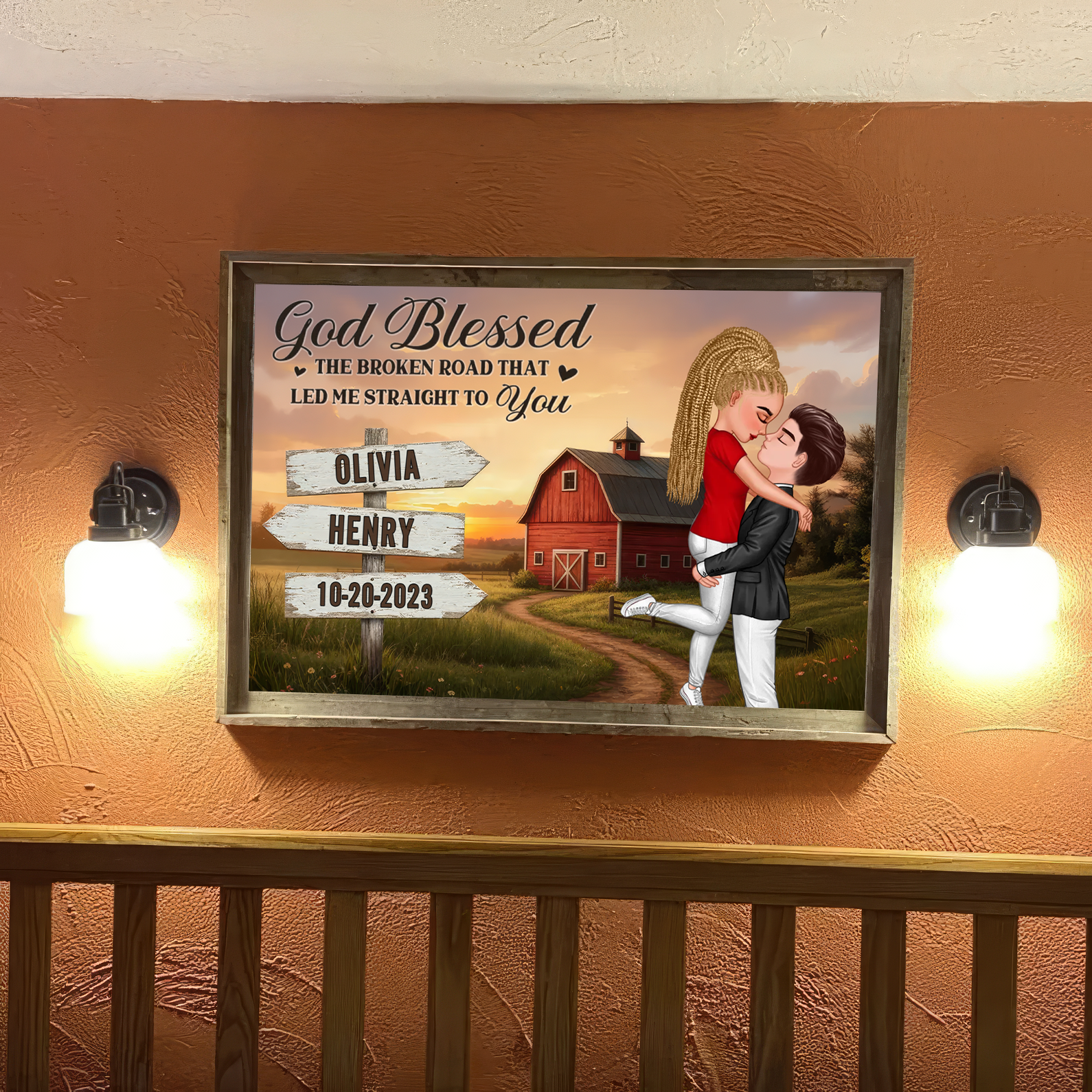 Custom Rustic Red Barn Couple Hugging Kissing, Nostalgia Poster Farmhouse Decor, Valentine Anniversary Gift