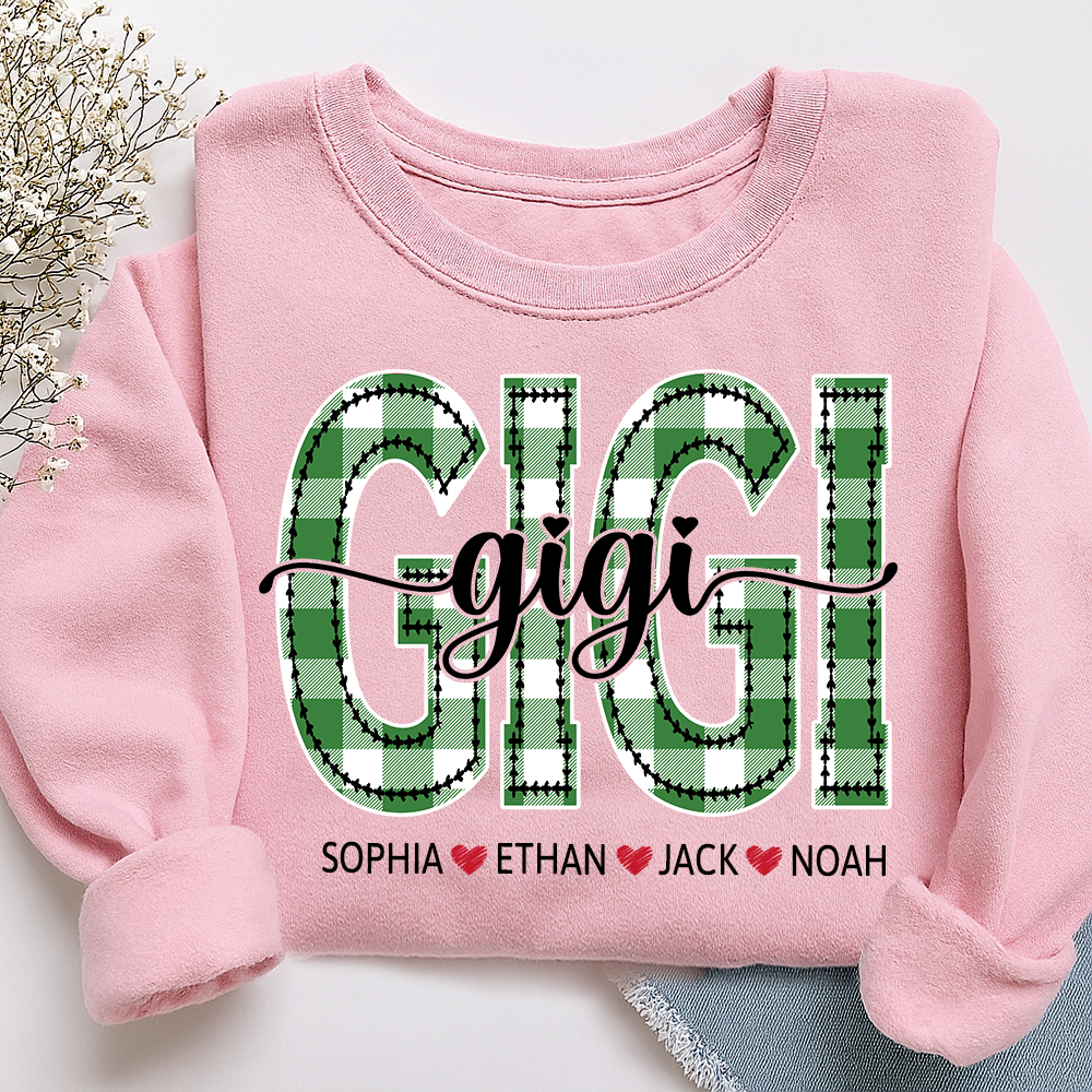 Personalized Gigi Sweatshirt, Custom Green Plaid Letters Shirt with Grandkids Names