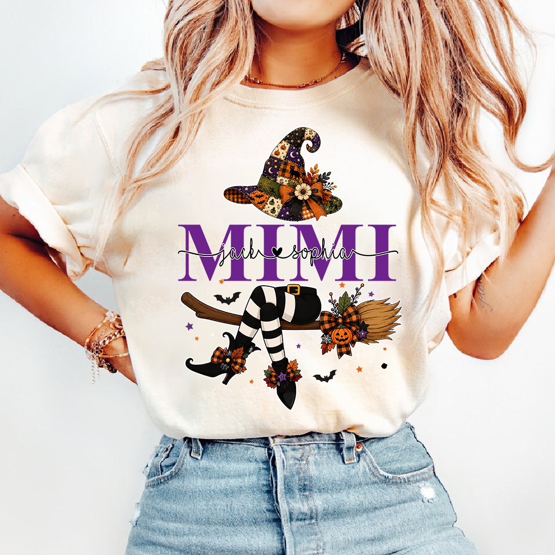 Mimi Halloween Witch Shirt for Women, Cute Fall Pumpkin Graphic Tee, Personalized Grandma T Shirt, Cozy Autumn Outfit Gift