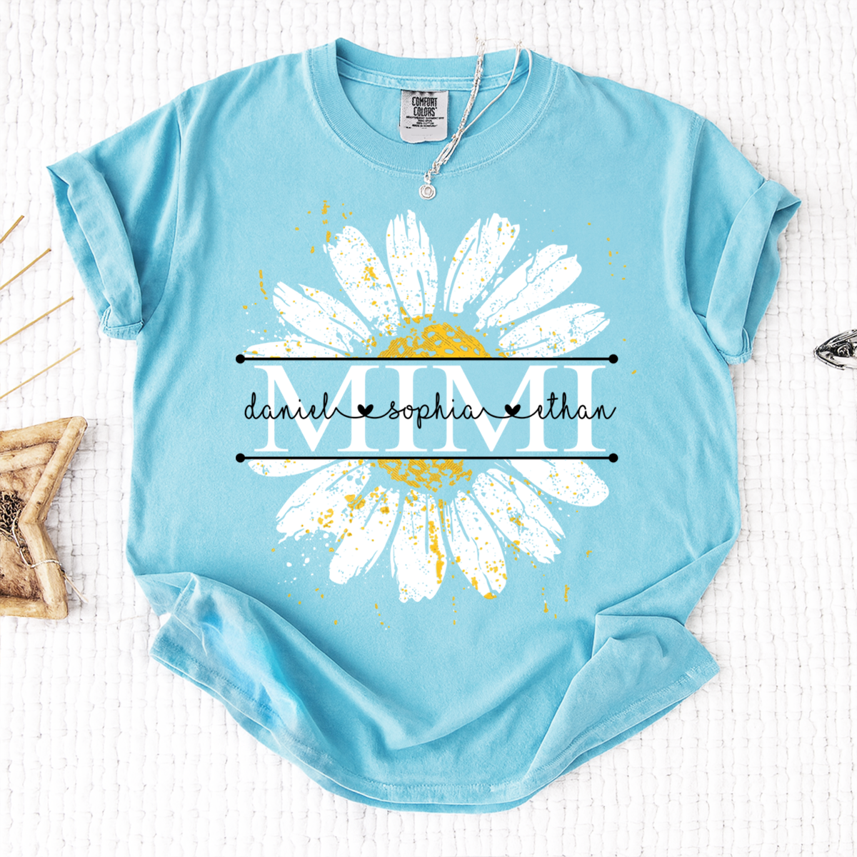 Comfort Personalized Mimi Shirt with Grandkids Names, Daisy Flower Graphic Family T Shirt