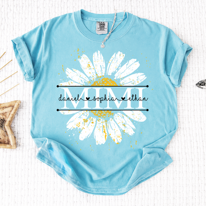 Comfort Personalized Mimi Shirt with Grandkids Names, Daisy Flower Graphic Family T Shirt