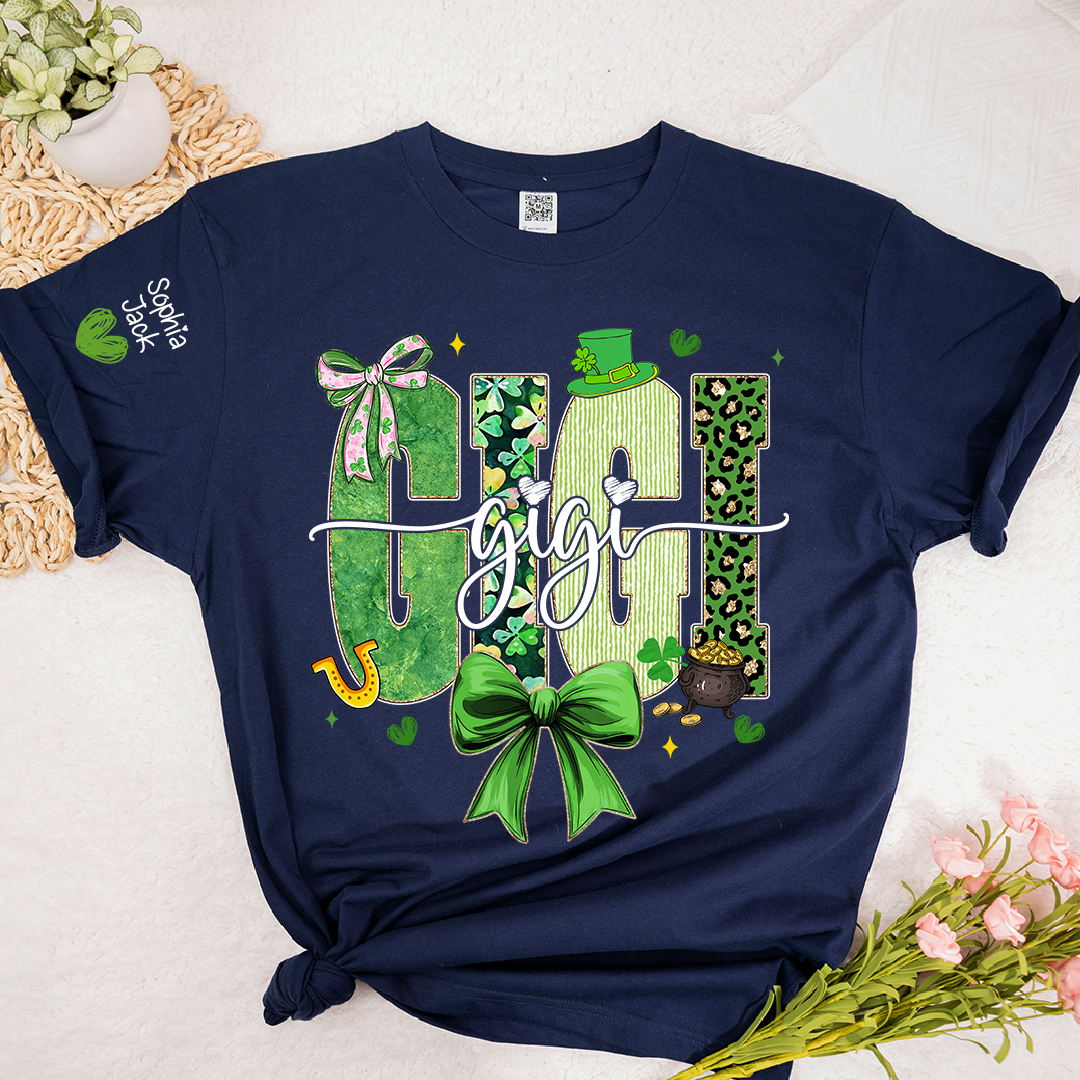 Gigi St Patrick’s Day Shirt, Green Shamrock Bow Family T Shirt, For Gift Gigi And Kids