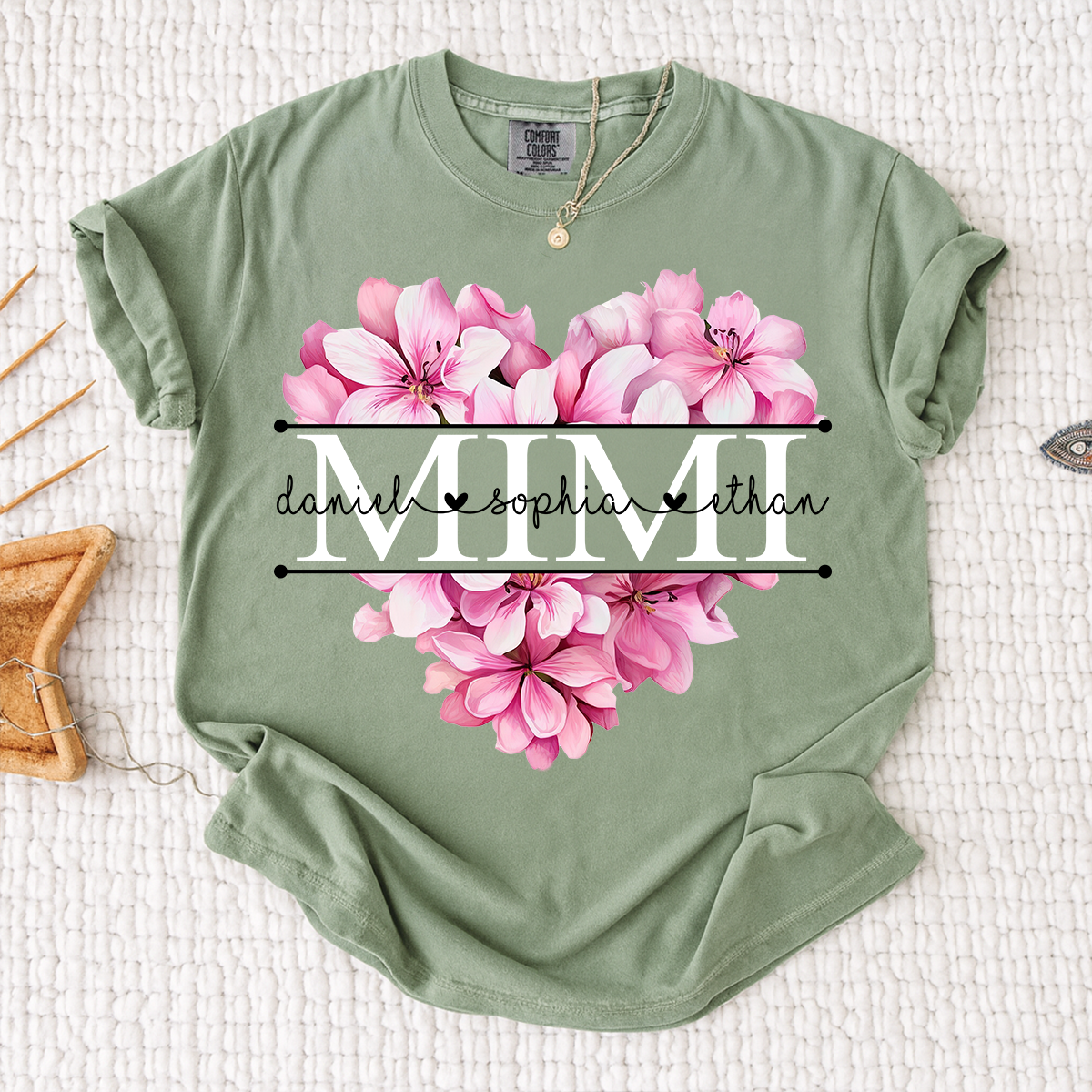 Comfort Colors Pink Floral Heart Design Family Tee, Personalized Mimi Shirt with Custom Names
