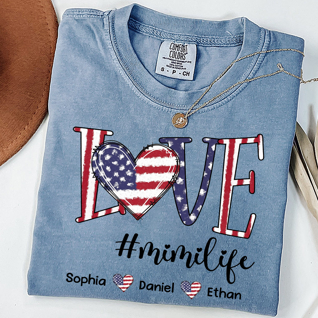 Comfort Colors Custom Mimi T Shirt with Grandkids Names USA Flag Love Graphic Mimi Life Shirt Personalized Grandma Apparel Family Gift