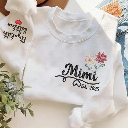 Personalized Embroidered Name Sweatshirts with Flowers, Gifts For Grandma And Kids