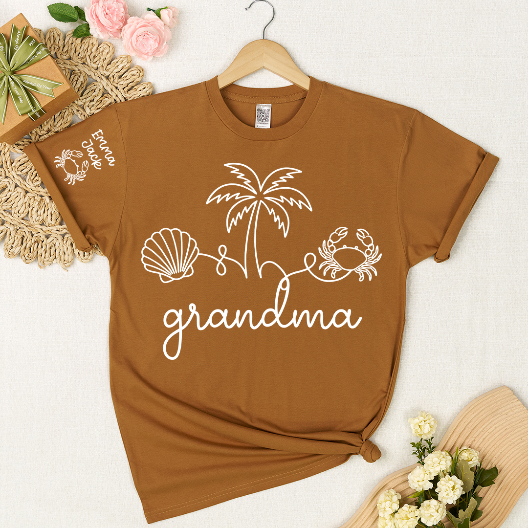 Personalized Grandma Beach Shirt, Custom Grandkids Names Sleeve Tee, Coastal Grandma T Shirt, Ocean Lover Gift for Grandma