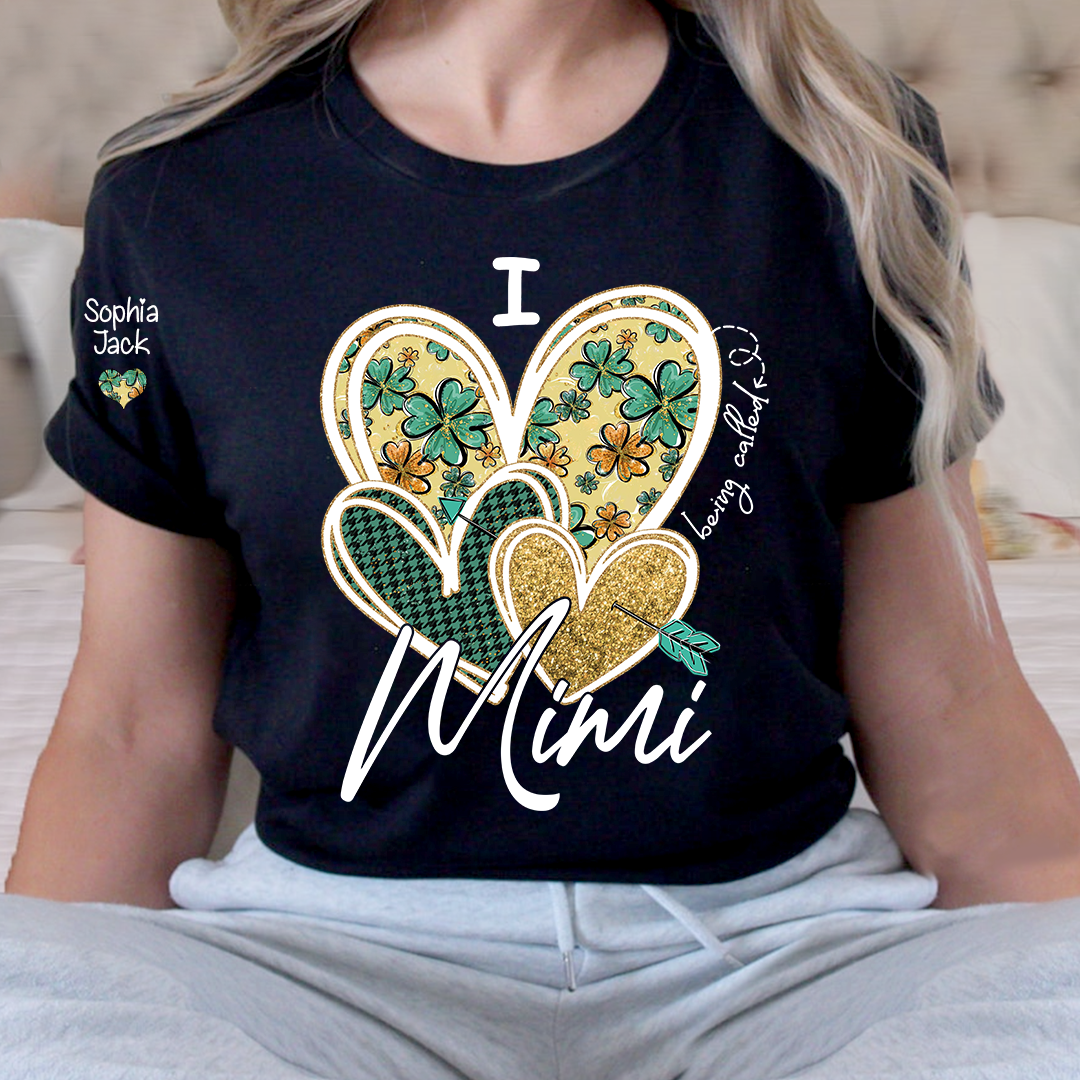 I Love to Be Called Mimi Heart Design T-shirt For St. Patrick's Day, Personalized Clover Design T-shirt for Grandma with Grandchildren's Names