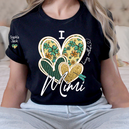 I Love to Be Called Mimi Heart Design T-shirt For St. Patrick's Day, Personalized Clover Design T-shirt for Grandma with Grandchildren's Names