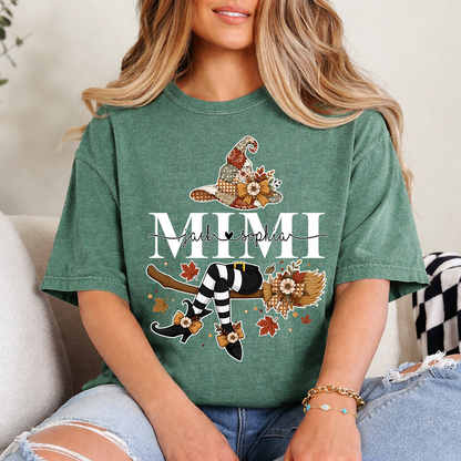 Personalized Mimi Witch Halloween Shirt, Fall Pumpkin Grandma Tee, Custom Grandkids Names T Shirt, Cute Autumn Gift for Mimi