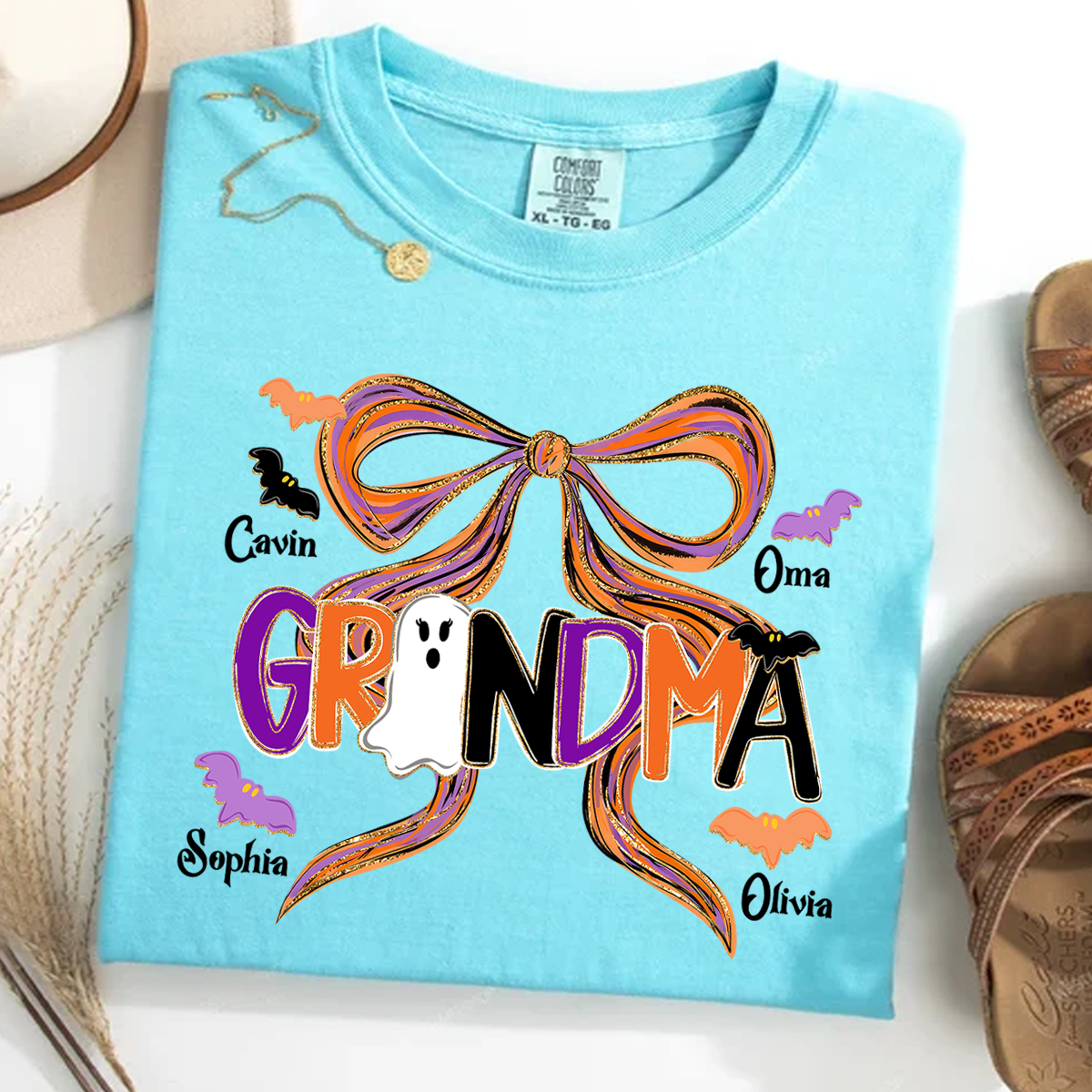 Comfort Colors® Personalized Halloween Grandma T-Shirt, Cute Ghost & Bat Design with Grandkids' Names