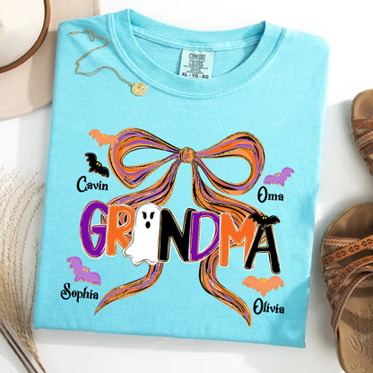 Comfort Colors® Personalized Halloween Grandma T-Shirt, Cute Ghost & Bat Design with Grandkids' Names