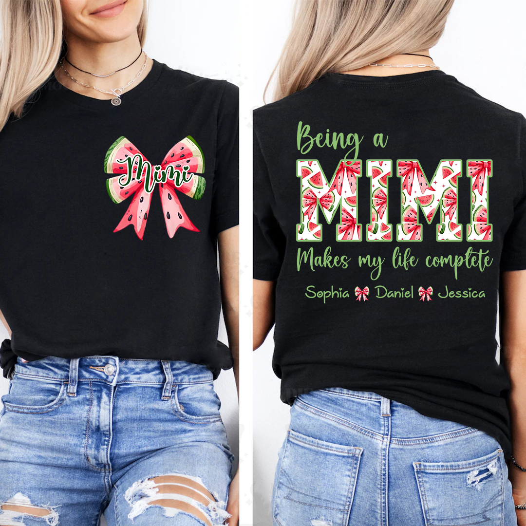 Mimi Custom Family Tee, Cute Watermelon Bow Shirt with Children’s Names, Gift for Mom Nana or Grandma